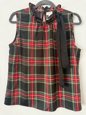 J. Crew Red Black Plaid Sleeveless Ruffle Neck Sleeveless Blouse with Bow
